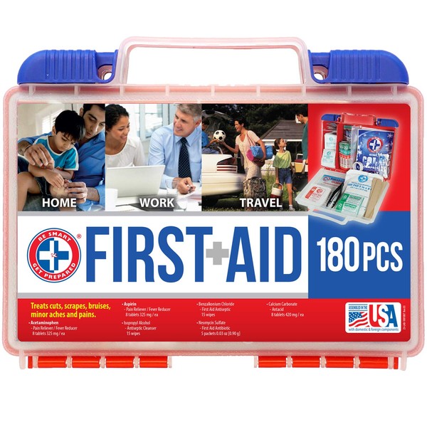 Be Smart Get Prepared 180 Piece First Aid Kit: Clean, Treat, Protect Minor Cuts, Scrapes. Home, Office, Car, School, Business, Travel, Emergency, Survival, Hunting, Outdoor, Camping & Sports, FSA HSA