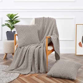 Aormenzy Knitted Throw Blanket (50" x 60") and 2 Pillow Covers (18" x 18"), 3 Piece Light Grey Throw Blanket Set, Decorative Throw Blankets for Couch Sofa Bed Living Room