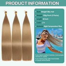 Locescsoc 24 Inch Bone Straight Braiding Hair 3 Packs Synthetic Straight Crochet hair Soft Silky 27# Straight hair for braids