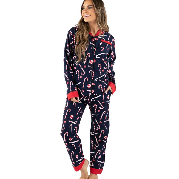 Lazy One Candy Cane Button-Down Adult Pajama Set, Classic Button-Down