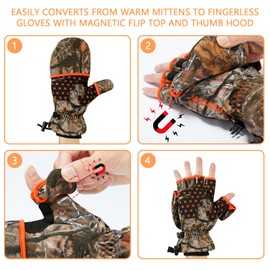 Bassdash WinteFlex Insulated Ice Fishing Convertible Mittens Cold Weather Fingerless Fleeced Gloves Water Resistant for Men Women Hunting Photography Hiking