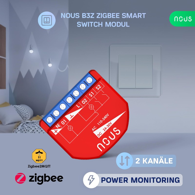 NOUS ZigBee Smart Switch Module mit Leistungsmessung, 2 Kanäle, AC