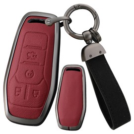 ontto Key Cover Fit for Lincoln MKC MKX MKZ 2013-2018 Key Remote Metal Key Protector Leather Key Fob Case Fit for Ford F150 Fusion Mustang Edge Explorer 2013-2017 Car Accessories,Red