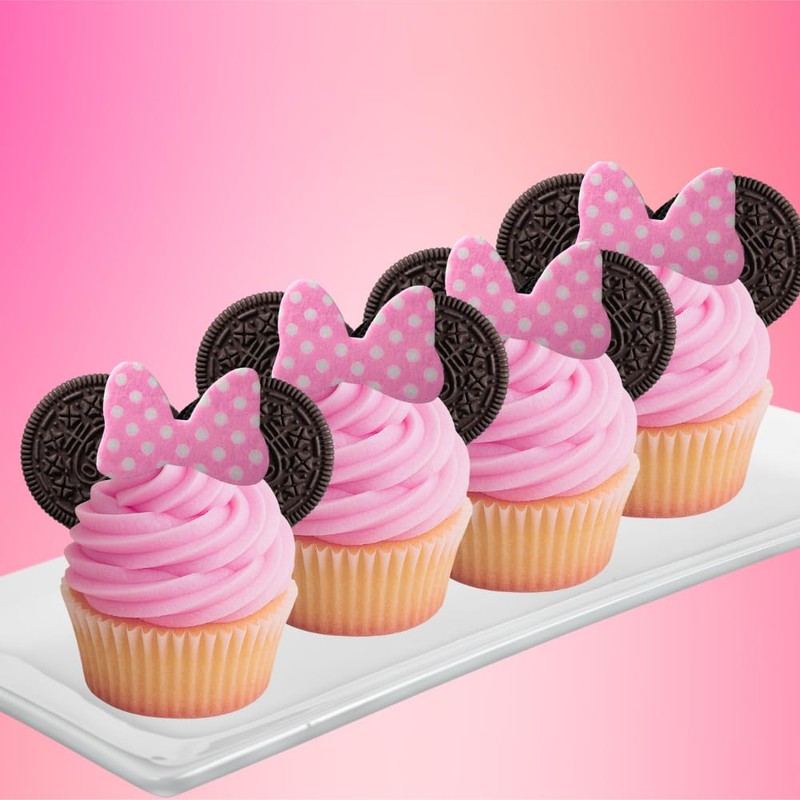 Pink Polka Dot Edile Bows for Cake and Cupcakes -24ct