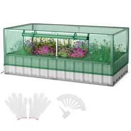 CHEFJOY Raised Garden Bed with Greenhouse - 69" x 36" x 28" Galvanized Steel Garden Box w/Roll-Up Zipper Window, 8PCS T-Type Tags & Gloves for Gardening, Outdoor Planter Box for Vegetable Flower Herbs
