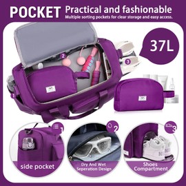 FIORETTO Women's Water-Resistant Gym Duffle Bag with Shoes Compartment, 37L Capacity, Multi-Functional, Ideal for Travel, Gym, Sports, Duffel, Weekender, Grape-Purple(with Toiletry Bag)