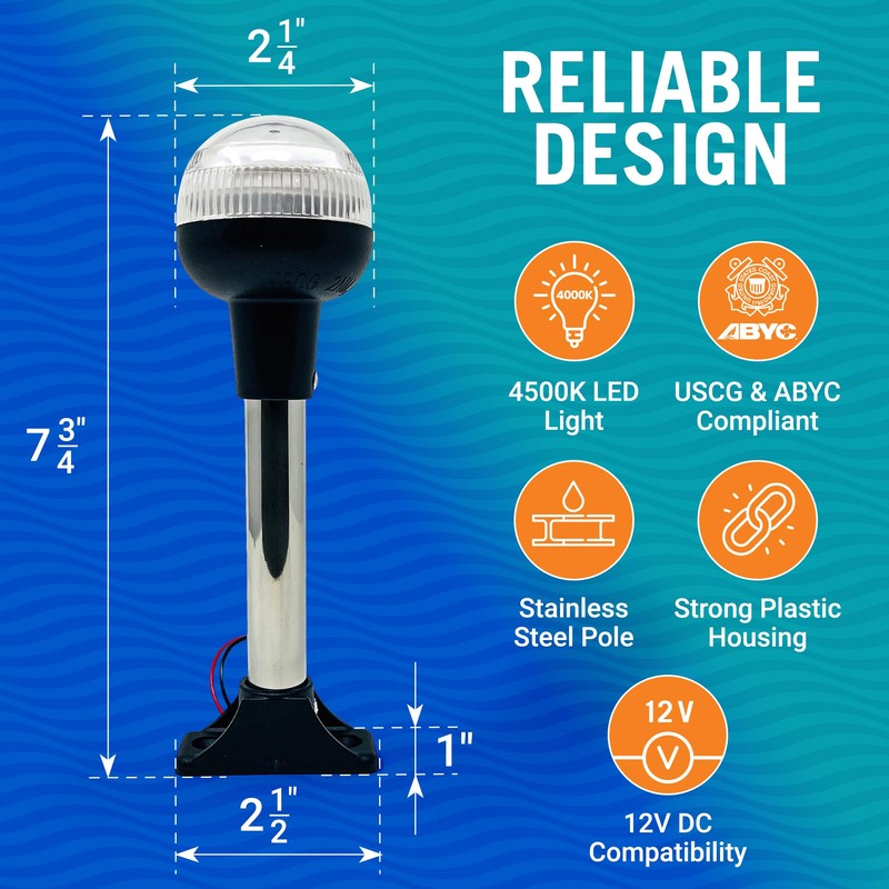 Boat Anchor Light, 7.5" LED Stern Light, USCG Tested Waterproof