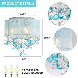 3 Light Bedroom Chandelier Ceiling Light Costal 13" Small Crystal Chandelier Flush Mount Beach Vibe light with Handmade Flower Lampshade for Girls' Bedroom,Closet,Nursery,Dinning Room(Blue)