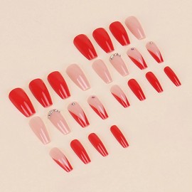 MERVF Long Press on Nails Coffin Fake Nails Red French Tip Glue ons Classic Ballerina Acrylic False Nail with Rhinestones Design Glossy 24pcs