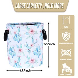 Cactus Flowers Laundry Basket Pink Floral Foldable Oxford Cloth Funny Tote Bag Laundry Hamper Clothes Storage Bucket Organizer For Bathroom/Laundry Storage/Bedroom 17.7x13.7 Inch