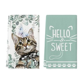 Artoid Mode Cat Butterflies Eucalyptus Spring Kitchen Towels Tea Towels 42 x 65 cm Summer Hello Sweet Decoration Towels Set of 2