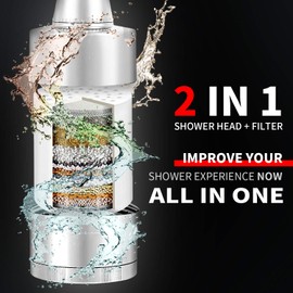 BathBeyond Shower Filter Head 2-in-1 Vitamin C 15 Stage High Output Water Filter With cartridge for Hard Water - Removes Chlorine Fluoride and Improves The Condition of Your Skin, Hair (Nickel)