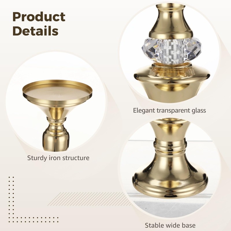 3 Pcs Gold Pillar Candle Holders Set, Elegant Metal Crystal