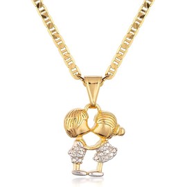 Barzel 18K Gold Plated Flat Mariner/Marina 060 3MM Chain Necklace With Love Kissing Charm Pendant