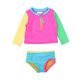RuffleButts Baby/Toddler Girls Long Sleeve Rash Guard 2 Piece Swimsuit Set w/UPF 50+ Sun Protection with Zipper - Neon Color Block, 4T