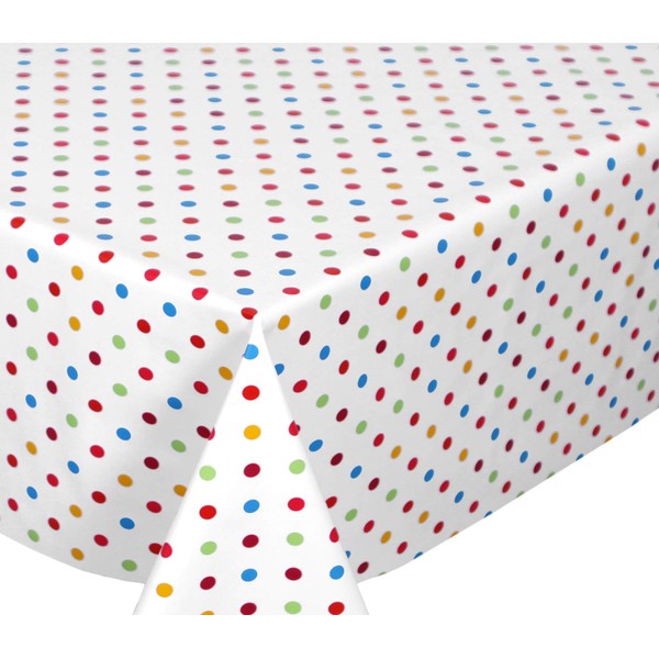 BEAUTEX White Oilcloth Tablecloth with Colourful Polka Dots, Wipe-Clean Garden