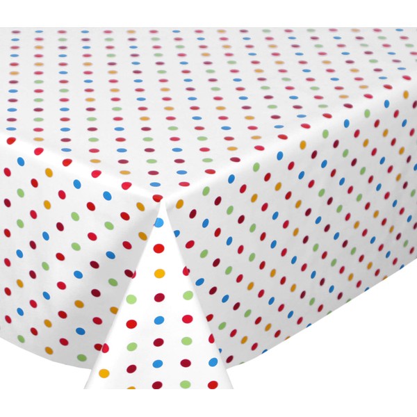 BEAUTEX White Oilcloth Tablecloth with Colourful Polka Dots, Wipe-Clean Garden Tablecloth, Round/Oval/Square, Choice of Sizes