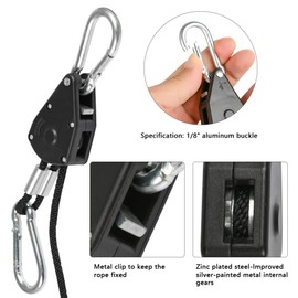 TIMESETL Rope Ratchet with Hooks, Pack of 8, 150 lb Duty Heavy Rope Rope Ratchet Adjustable Rope Ratchet Grow Lamp Hanger Rope Ratchet 1/8 Inch Buckle Rope Ratchet Awning with 6 Carabiners