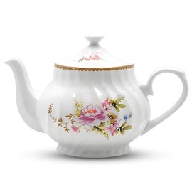 Lynns Porcelain Vintage Teapot with Embossed Swirls 37oz Tea Pot Classic White Tea Set for Parties & Celebrations Ideal Teapot for Tea Cups & Saucers Perfect for Tea Parties - Timeless Rose