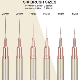 KEMEISI 6Pcs Nail Art Liner Brushes, Striping Nail Art Brush for Gel Polish Painting, Thin Detail Brush Fine Drawing Art Design Pen Size 5/7/9/11/15/25mm