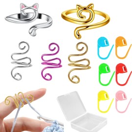 HXJFGDM 5Pcs Crochet Ring with 30 Stitch Markers,Adjustable Crochet Tension Ring，Cat & Finger Holder, Knitting & Crochet Supplies for Faster Crafting, Gift for Women & Moms
