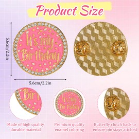 Birthday Brooch Pin It's My Birthday Pin Brooch Round Metal Lapel Pins Badges with Rhinestones Pink Pearl Enamel Pins Round Buckle Brooches for Women Girls Wedding Party
