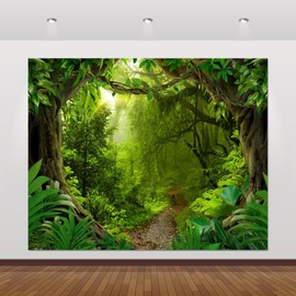 10x8ft Jungle Backdrop Enchanted Forest Tropical Fairytale Rinforest Natural Scenery Photography Background Kids Safari Birthday Party Decoration Photoshoot Photo Booth Props