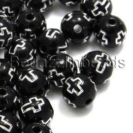BdBeads 300 Opaque Black 8mm Round Plastic Acrylic Loose Beads w/ Engraved Silver Cross