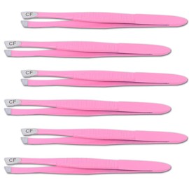 Capra-Falconeri Pack of Six (6) Professional Stainless Steel Slant Tweezer Pink Powder Coated Eyebrow Tweezers for Women and Men Facial and Ingrown Hair Removal Tweezer