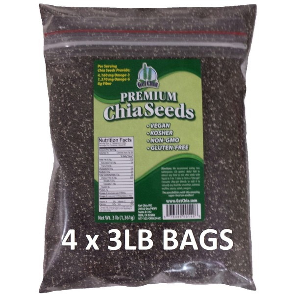 Get Chia Brand BLACK Chia Seeds - 12 TOTAL POUNDS = FOUR x 3 Pound Bags