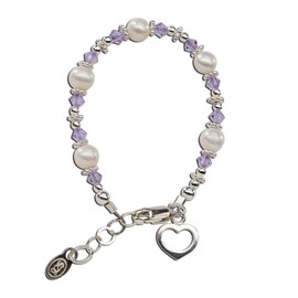 Precious Pieces Girls Luxury Sterling Silver Bracelet for Little Girls with Cultured Pearls and Lavender High-End Crystals and Heart Charm (5-10 years)