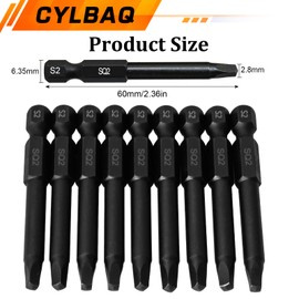 CYLBAQ Square Head Screwdriver Bits, 10pcs SQ2 Square Drive Bit Set 60mm Premium S2 Steel 1/4” Hex Shank Magnetic Security Electric Screw Driver Drill Bit for Power Drills Impact Drivers