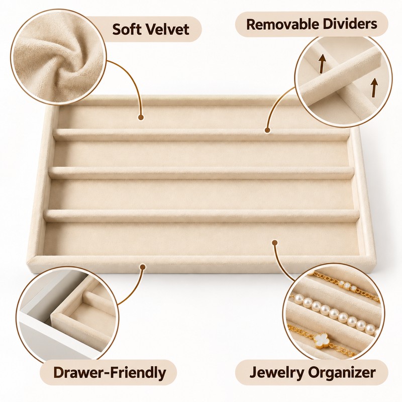 Velvet Jewelry Organizer Tray with Removable Dividers for Rings, Earrings,