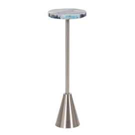 Kate and Laurel Sitara Modern Coastal Round Drink Table; 8 x 8 x 23; Blue Agate and Silver; Unique Circle Stone Mini Table for Use as Bathroom Accent Table or Pedestal Martini Table