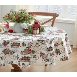 Newbridge Vintage Nostalgia Home for Holidays Print Flannel Back Vinyl Christmas Tablecloth - Vintage Santa Claus, Snowman and Sleigh Xmas Wipe Clean Easy Care Tablecloth, 60” x 84” Oval