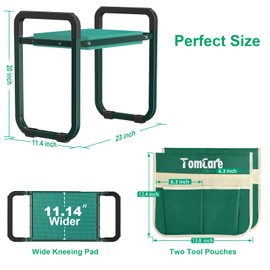 TomCare Garden Kneeler and Seat 11.14” Wider Larger Soft Kneeling Pad Garden Bench with 2 Large Tools Pouches Heavy Duty Foldable Garden Stool Gardening Gifts for Women Men Gardeners Seniors,Green