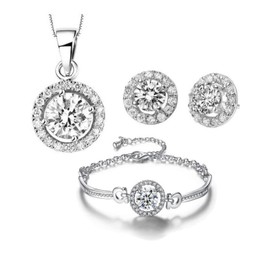 Txibikn 4 Pieces Fashion Shining Zircon Silver Pendent Necklace Earring Bracelet Jewelry Set for Women Lady Wedding Birthday Party Prom Gifts (Silver)