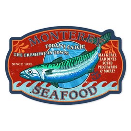 Die Cut Sticker Monterey, California, Seafood, Vintage Sign, Vinyl Sticker 3 to 6 inches, (Waterproof Decal for Cars, Water Bottles, Laptops, Coolers), Large