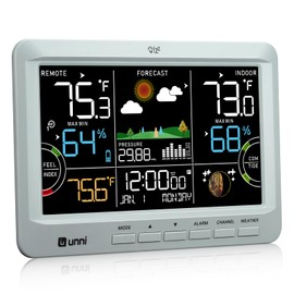U UNNI Weather Station Wireless Indoor Outdoor Thermometer with Heat Dew Mold, Thermometer Inside Outside with Calendar and 3 Adjustable Backlight Grey