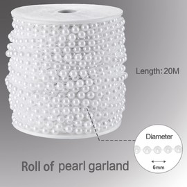Craft String Pearls 6MM Pearl Bead, 66 Feet White Faux Pearl Garland Spool Roll Strand Wedding Party Decoration, Christmas Tree Decorations