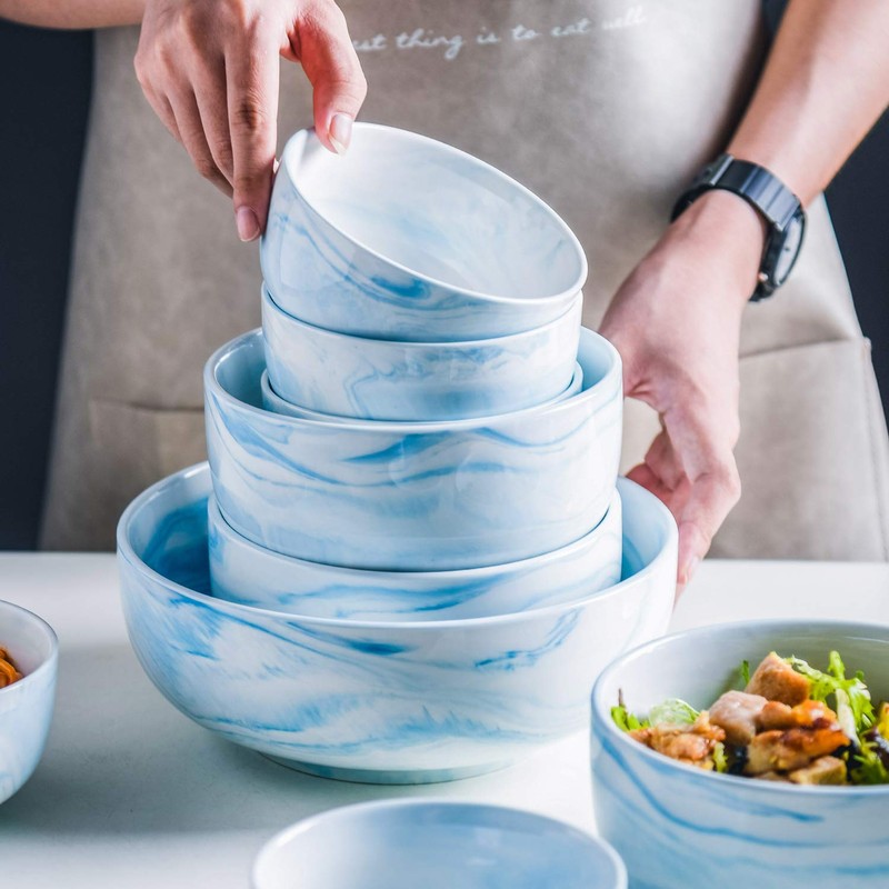 Yundu 28 Ounce Blue Marble Porcelain Bowls Ice Cream, Dessert,
