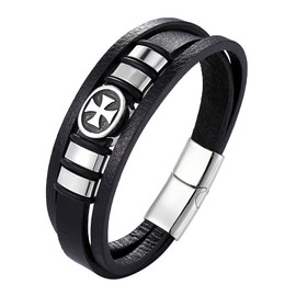 YL Mens Cross Bracelet Stainless Steel Multi-Layer Leather Bracelet 18k White Gold Plated Crusader Wristband Jewelry 9.1"