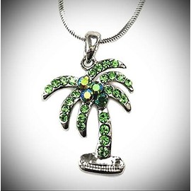 Green Crystal Palm Tree Pendant Statement Chunky Rhinestone Necklace for Women Rhodium Plated
