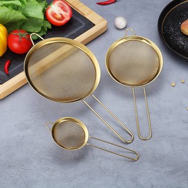 Gold Fine Mesh Strainer 3-Piece Set, Golden Flour Strainer for Baking, Stainless Steel Clander, Gold Matcha Tea Strainer, Sauce Separator, Stasher Strainer Pasta Strainer