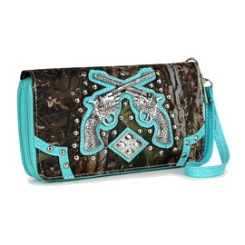 Camouflage Cross Pistol Embossed Revolver Gun Studded Clutch Conchos Women Double Zipper Wallet Western Wristlets Purse (Turquoise)