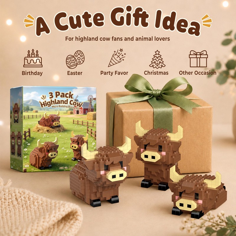 IBLOTIME Highland Cow Micro Building Set, 3 Farm Animal Models