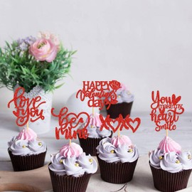 Keaziu - Paquete de 35 adornos para magdalenas con texto "Happy Valentines Day", "Love You be Mine You Make My Heart", sonríe, XoXo, para decoración de tartas, suministros de boda, fiesta, color rojo