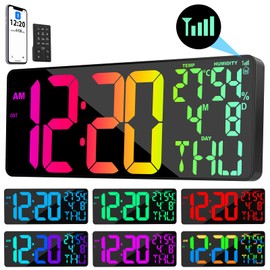 11 RGB Color Changes Large Digital Wall Clock/Bluetooth Auto Time Sync, Remote-Controlled Digital Wall Clock Large Display with Alarm/Timer Function, DST, Indoor Temperature/Humidity Display (18 inch)