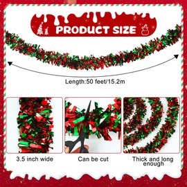 50 Ft Christmas Tinsel Garland Red and Green Metallic Twist Garland Decoration Shiny Christmas Tree Hanging Garland Ornament for Xmas Tree Home Stairs Indoor Outdoor Party Decor