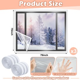 Beeveer 3 Set 75 x 79 Inch Window Insulation Kit Winter Window Plastic for Winterizing Home Cuttable Transparent Film with Adhesive Straps Reusable Thicken Thermal Waterproof Attic Cover Warm